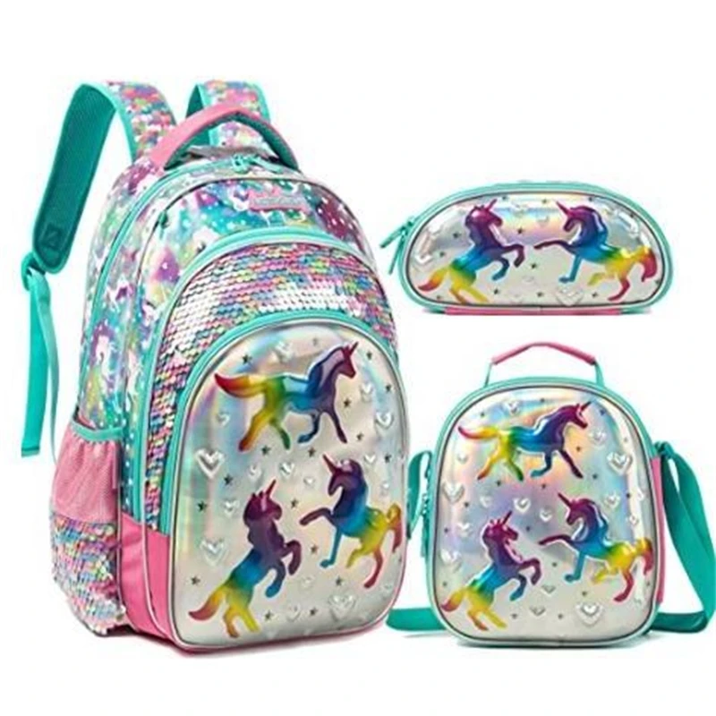 

Girls 3 in 1 Backpack with Lunch Box Primary School bag set school backpack with lunch bag pen bag sequine schoolbags for girls