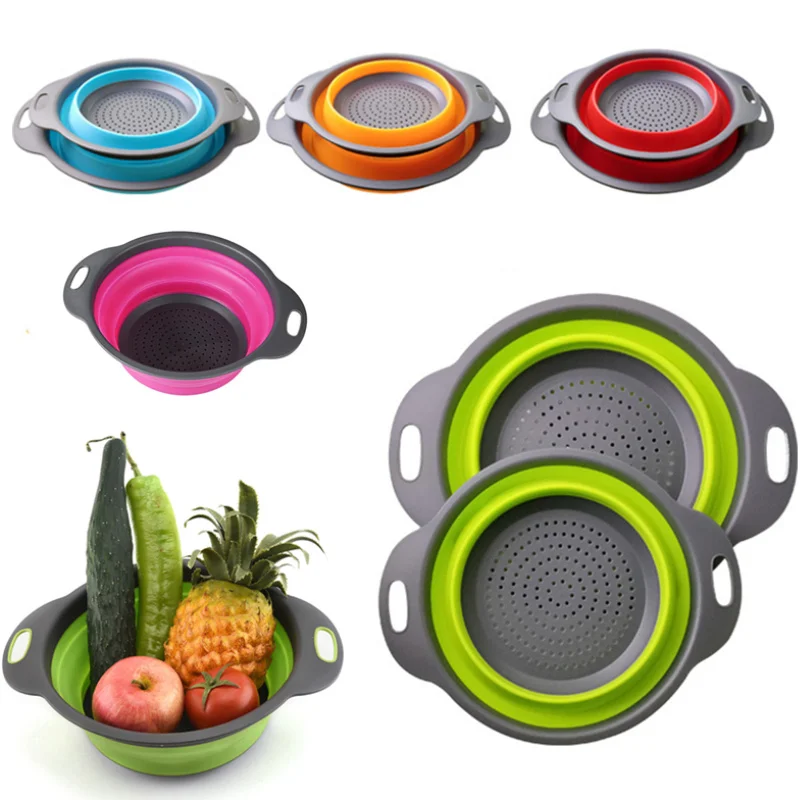 

Silicone Foldable Drain Basket Colander Fruit Vegetable Washing Basket Strainer Collapsible Drainer With Handle Kitchen Gadgets