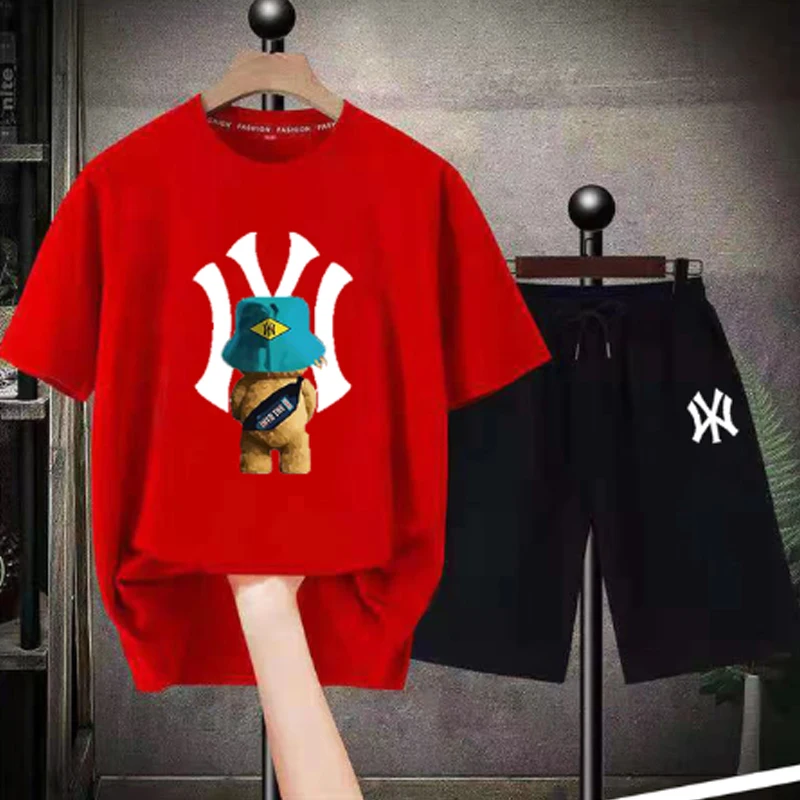 

Summer 100%Cotton Shirts Shorts Men Fun Bear T-Shirts Sets Sport Letter Print Tracksuit Short Sleeve Women T Shirt 2 Piece Suit