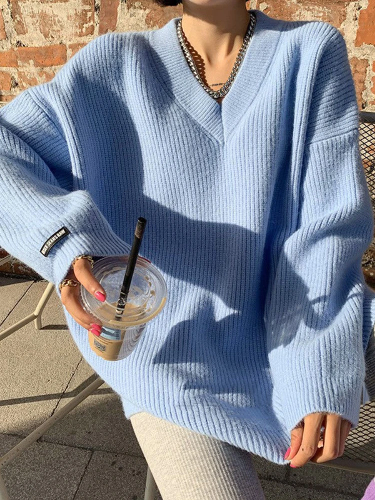 

Women's Sweater Oversize Autumn Winter Thick Warm V-neck Pullovers Solid Blue White Oversized Loose Fashion Women Sweaters 2022