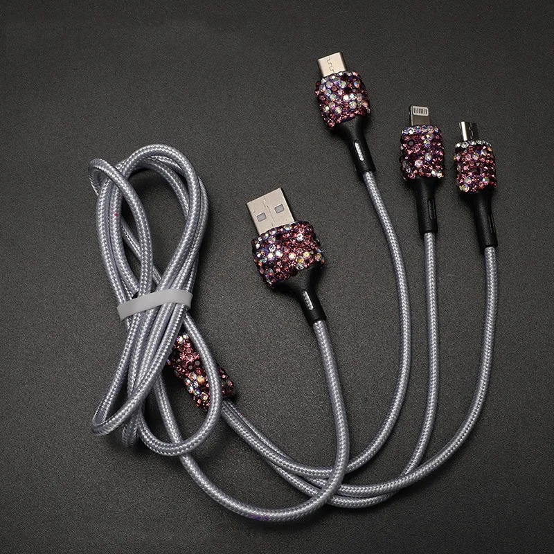 3 in 1 usb cable for iphone diamond crystal car fast charging cable for android micro type c type c mobile phone charger wire free global shipping