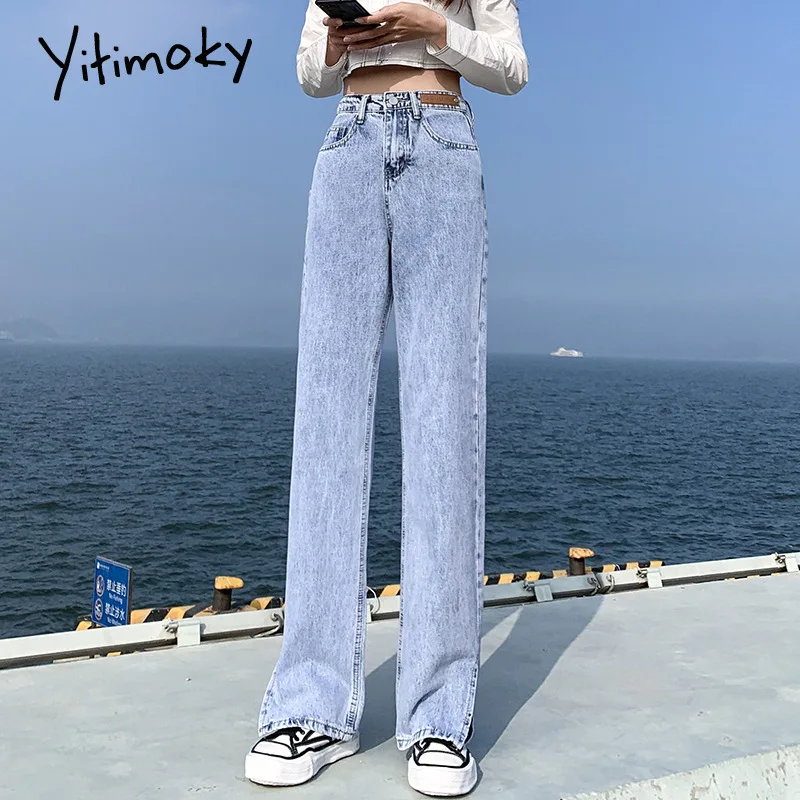Дизайнерские женские джинсы Yitimoky с высокой талией и разрезом 2022 модные брюки