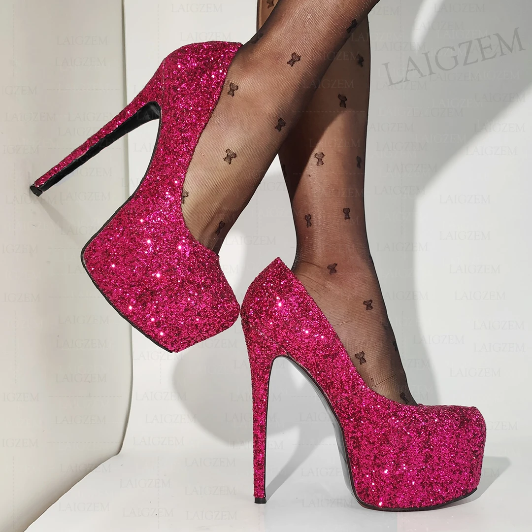 ZHIMA Женские туфли-лодочки с круглым носком блестящие сандалии на тонком высоком