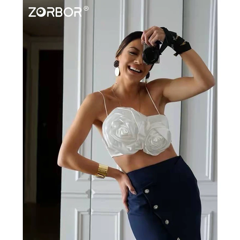 

ZORBOR Rose Flower Halter Top Short Women Summer Vest Solid Color Suspenders White Female