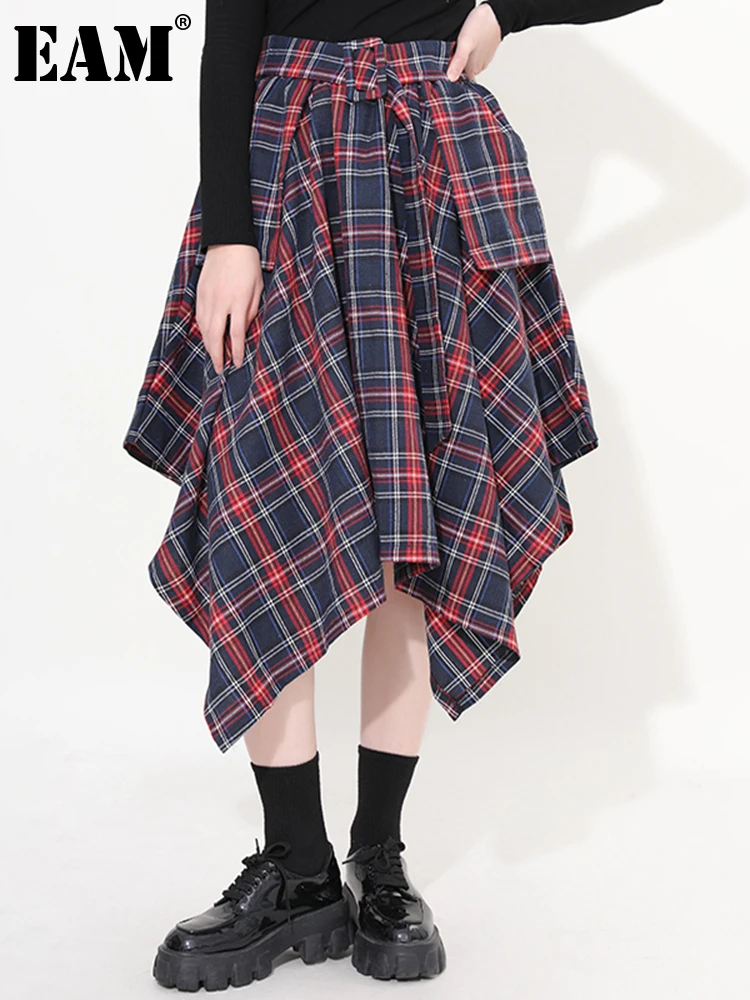 

[EAM] High Elastic Waist Blue Plaid Irregular Casual Half-body A-line Skirt Women Fashion Tide New Spring Autumn 2023 JD40205