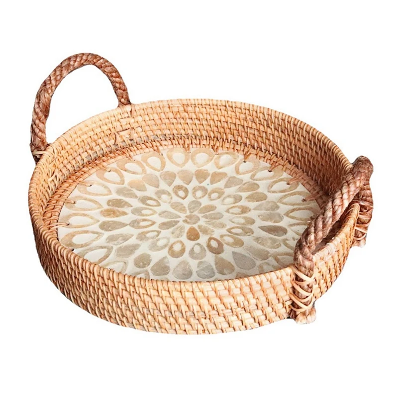 

Rattan Shell Basket HandWoven Fruit Storage Breakfast Severing Tray Drinks Snack Coffee Platters Bread Plate with Handle