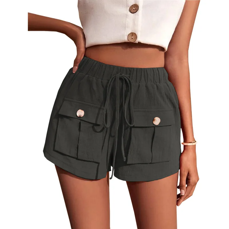 2023 Summer New Women's Fashion Casual Solid Cargo pants Pocket Loose Mid Waist Drawstring Straight Tube Beach Shorts