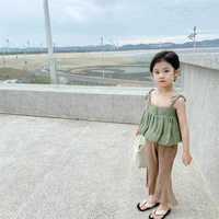 mila chou 2022 summer girls fashion camisole boot cut pants 2pcs suit children lace up top set kids outfit clothes