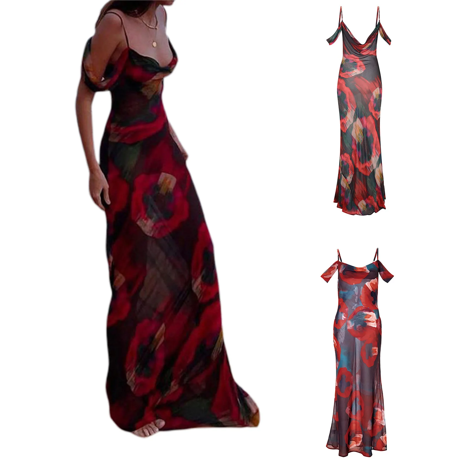 

Womens Summer Sleeveless Dress Fashion Print Off-shoulder Soft Long Suspender Dress