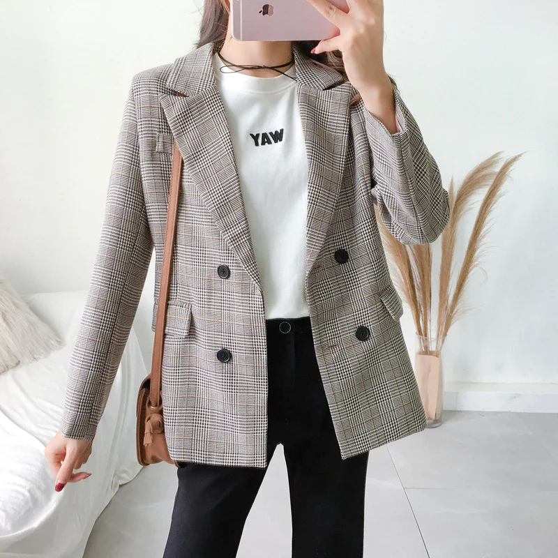 Office Ladies Lapel Plaid Women's Blazer Double-breasted Autumn Long-sleeved Jacket 2022 Casual Pocket Women's Short Blazer