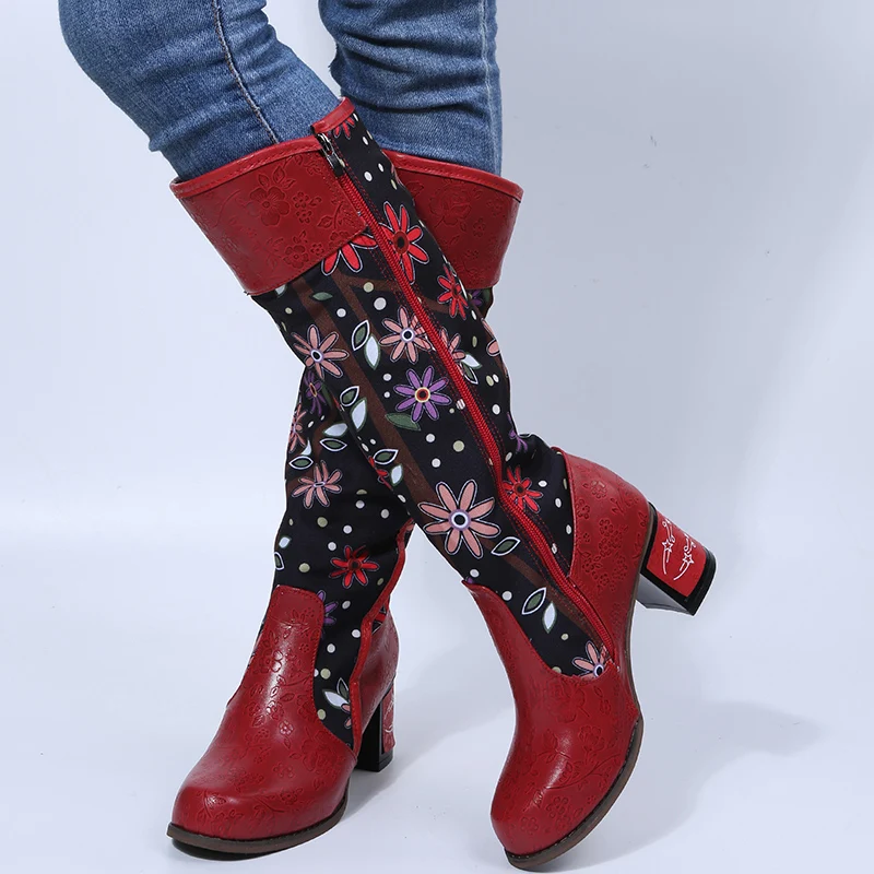 

Knight Boots for Women National Style Embroidery Flower Knee High 2023 New Autumn Winter Thick Heel Black Printed Knight Boots