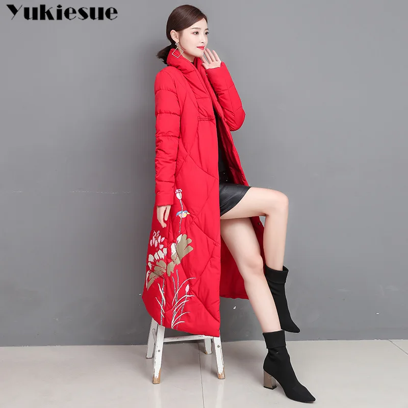 embroidery clothes Women Parkas Winter Hooded Warm Coat Slim Cotton Padded Basic Jacket Female Casual long Outwear feminina