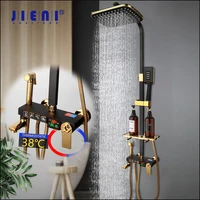 JIENI Black LED Digital Shower Set Wall Mounted Thermostatic Bathroom Shower System Mixer Bathtub Faucet Square Spray W/ Shelf