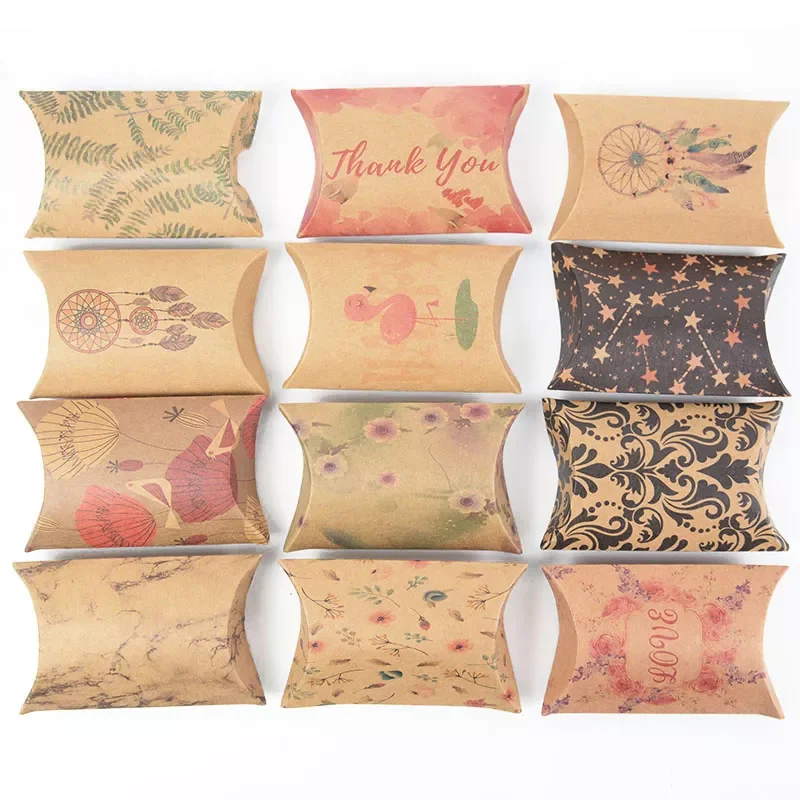 

Pillow Shape Candy Box Kraft Paper Gift Packaging Boxes Candy Bags Rustic Wedding Favors Birthday Party Decorations