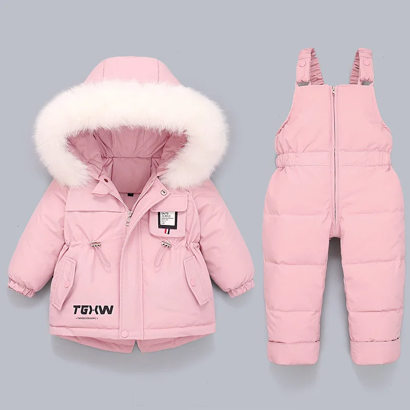1-3 Years Children Winter Set Baby Girls Snowsuit Down Coat Real Fur Collar Kids Parkas Outwear Warm Jacket Boy Suit Clothes