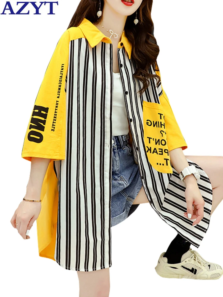 

AZYT Fashion Patchwork Short Sleeve Blouses Women Turn Down Collar Casual Oversized Blusas Mujer 2022 Summer Loose Women Shirt