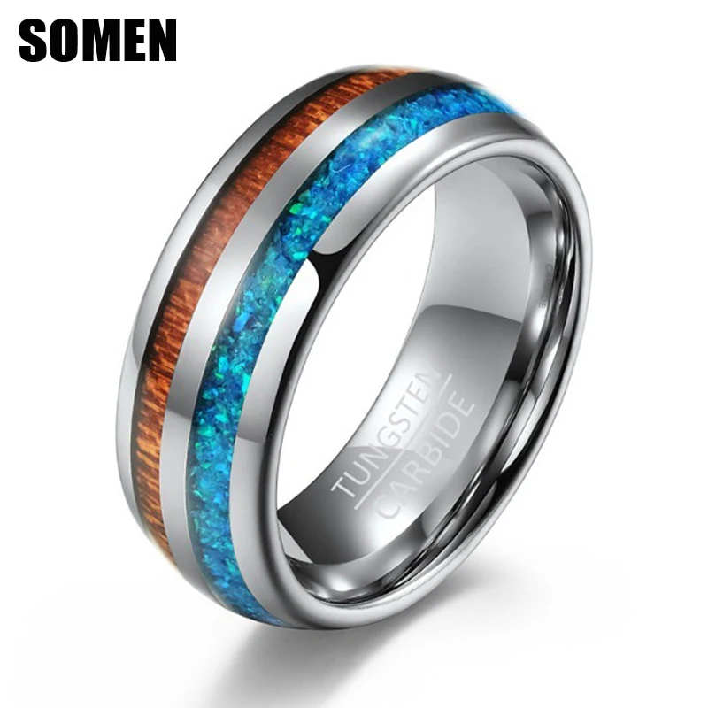 Серебряное вольфрамовое кольцо Somen 8 мм обручальное с инкрустацией из опала и