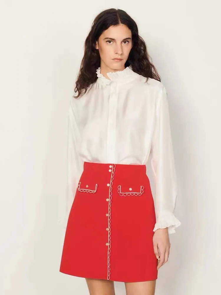 Spring Sutumn New Solid Color Mini Red Skirts For SANDRO High Waist A Line Pocket Front France Vintage Short Skirt