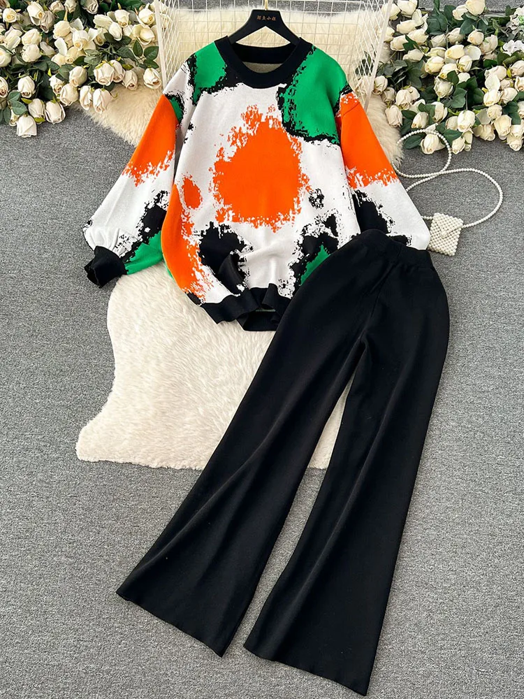 Женский вязаный комплект из 2 предметов Tie-dye свободный трикотажный пуловер с