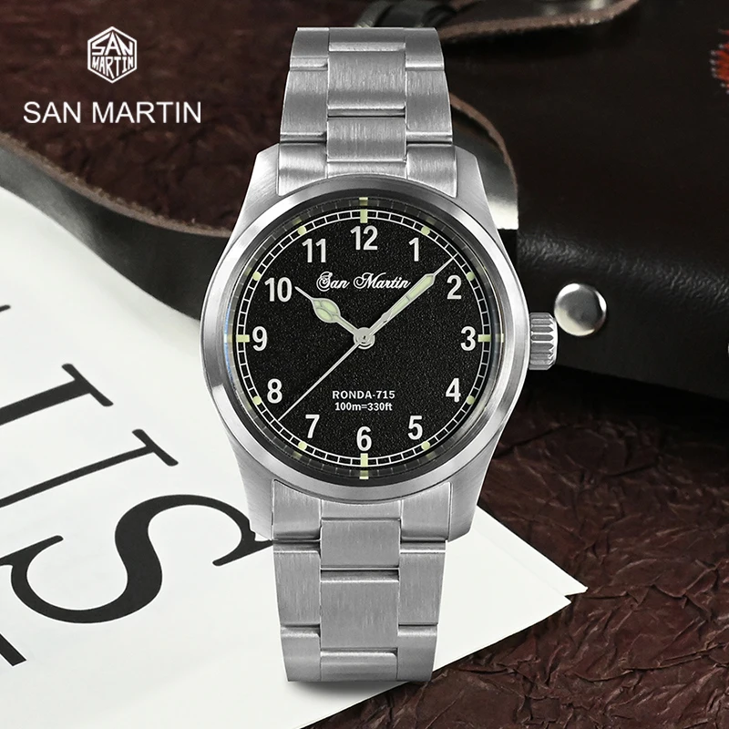 

San Martin Luxury Men Pilot Watch Sapphire RONDA 715 Fire Pattern Dial Military Simple Fashion Quartz Movement 10 Bar Luminous