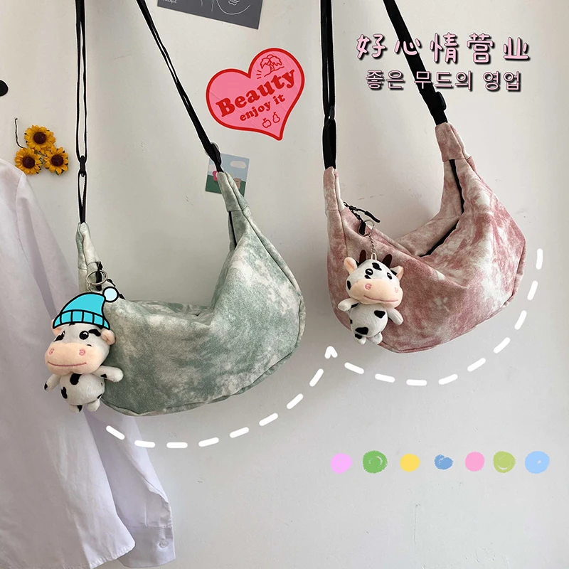 

Harajuku Chic Canvas Women Fashion Tie Dye Casual Zipper Messenger Shoulder Bag Girl Student Dumpling Bag 2023 Crossbody Bags