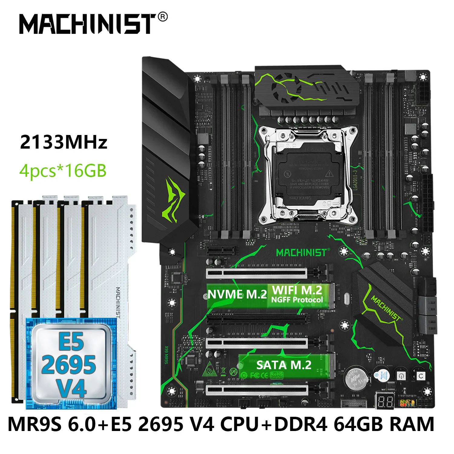 

MACHINIS X99 LGA 2011-3 Motherboard Kit Xeon E5 2695 V4 CPU processor Set ECC DDR4 RAM 16GB*4 Memory SSD NVME M.2 usb M-ATX MR9S
