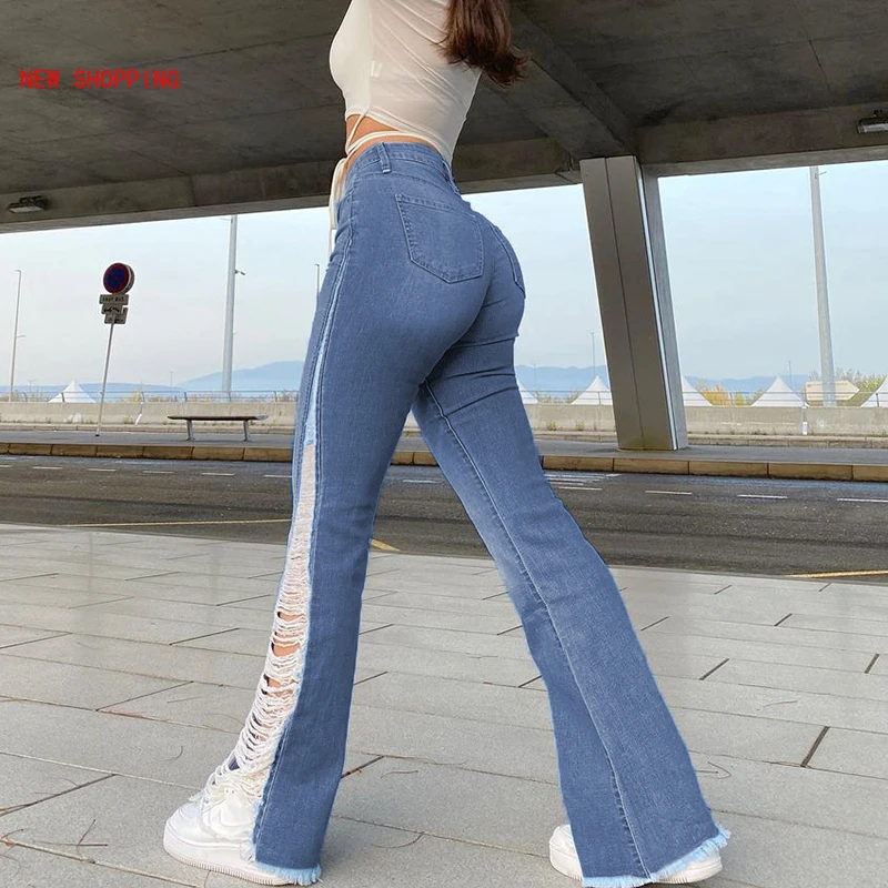 Skinny Y2K Flare Jeans Vintage Hole Ripped Denim Pants Female Fashion 2023 Spring Women's High Waisted Trouser Harajuku Capris