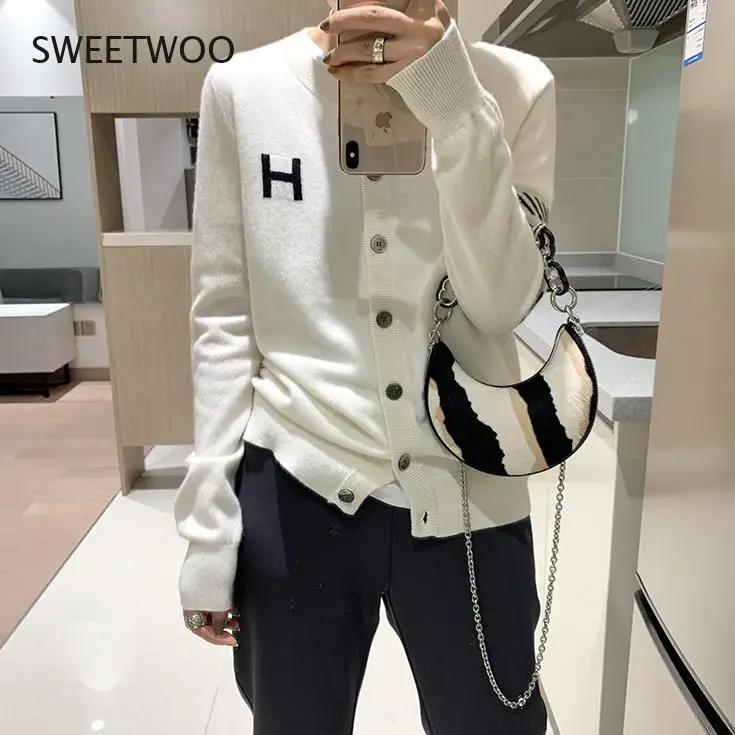 

Кардиган Europe station Женский кашемировый, свободный жаккардовый тонкий вязаный жаккардовый свитер с буквой H, облегающий свитер с круглым вырезом