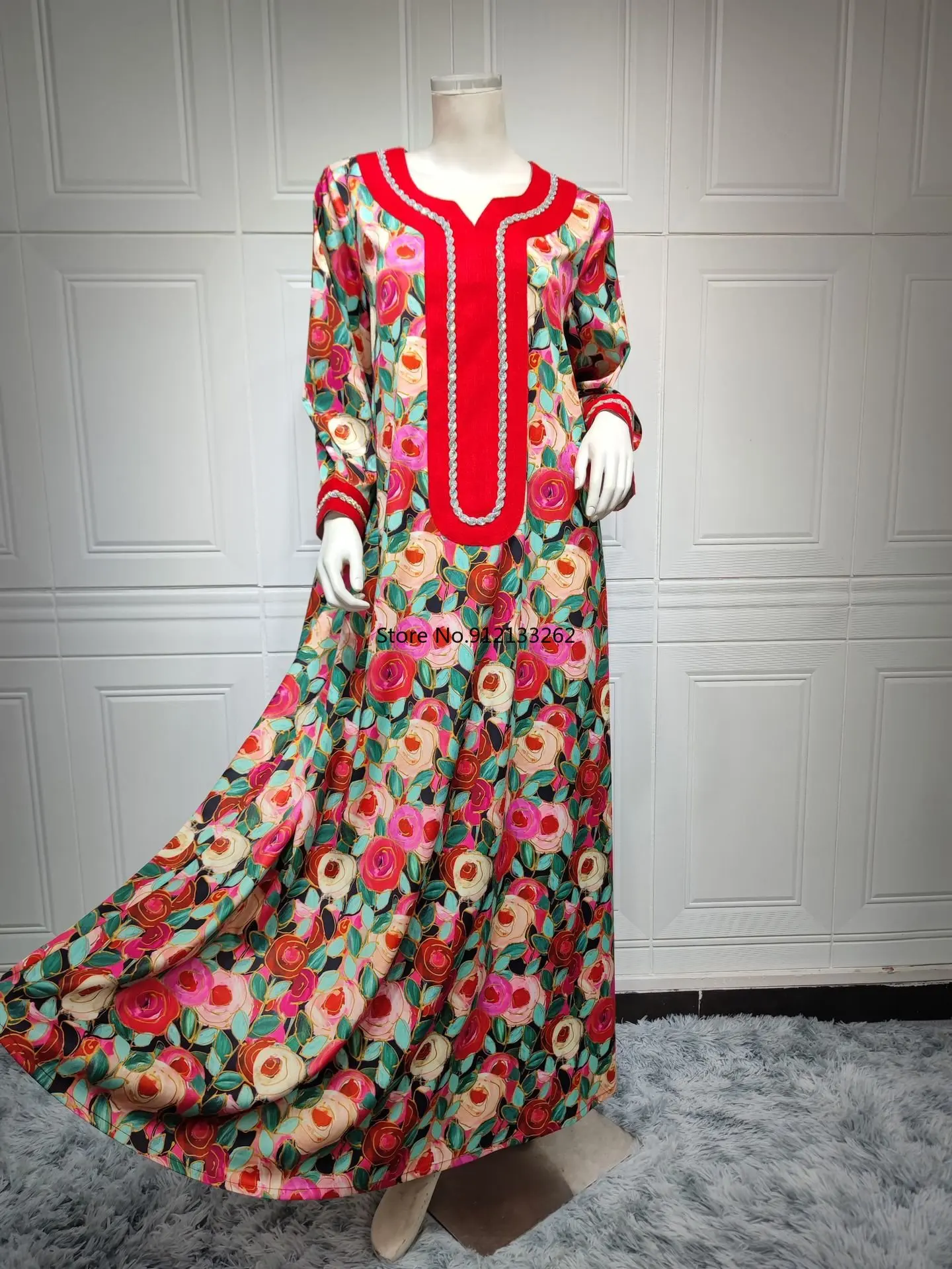 Eid Muslim Women Abaya Morocco Party Dress Abayas Elegant Print Floral Long Sleeve Robe Dresses Ramadan Musulman Maxi Vestidos