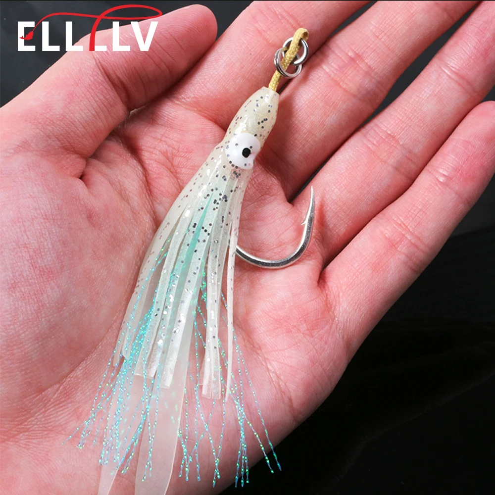 

Elllv 10pcs 2/0 3/0 5/0 7/0 Luminous Squid Skirt Hook with Kevlar Cord Long Streamer Saltwater Fishing Single Jigging Lure Hook