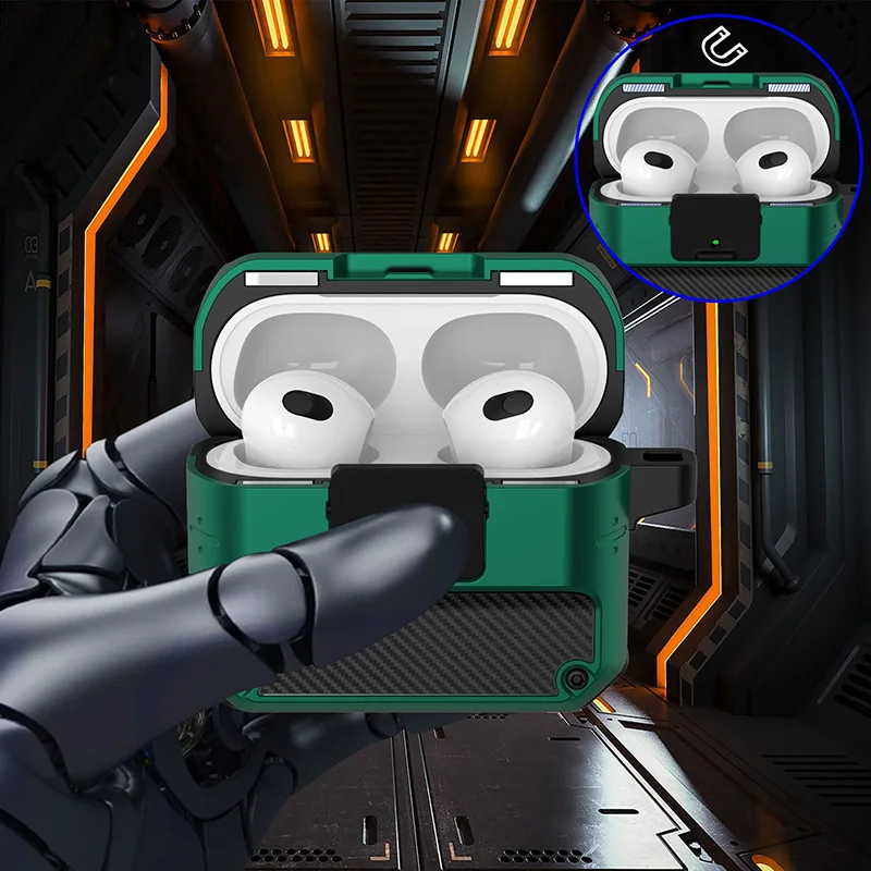

Роскошный чехол с автоматическим замком для наушников Airpods Pro, Магнитный чехол из углеродного волокна для зарядки Airpods 1/2/3 2021