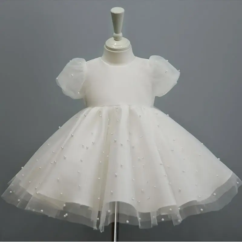 Luxury New Round Neck Bow Yarn Skirt Children'S White Bubble Sleeve Princess Gown For Robe De Soirée Mariage YMX112