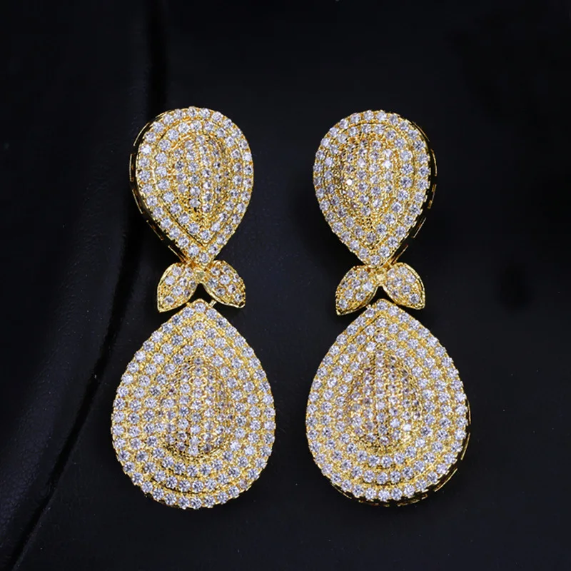 

African Nigeria Design Jewelry Micro Stones Pave Long Drop Dubai Gold Color Earrings for Women Party