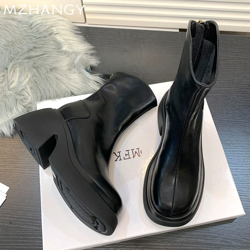 Кожаные женские ботильоны на платформе обувь высоком каблуке женская трендовая