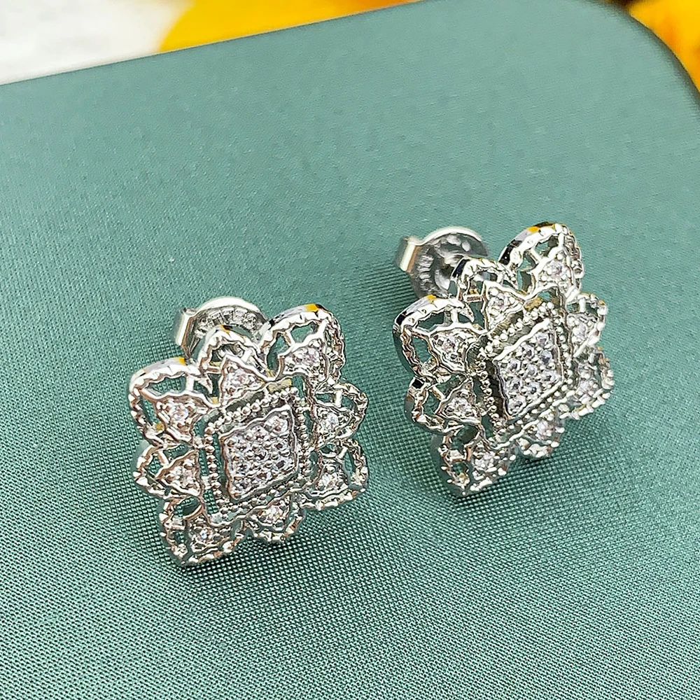 

Top Quality AAA Zircon Flower Earrings Silver Color Hollow Lace Clover Stud Earrings For Women Brand Jewelry