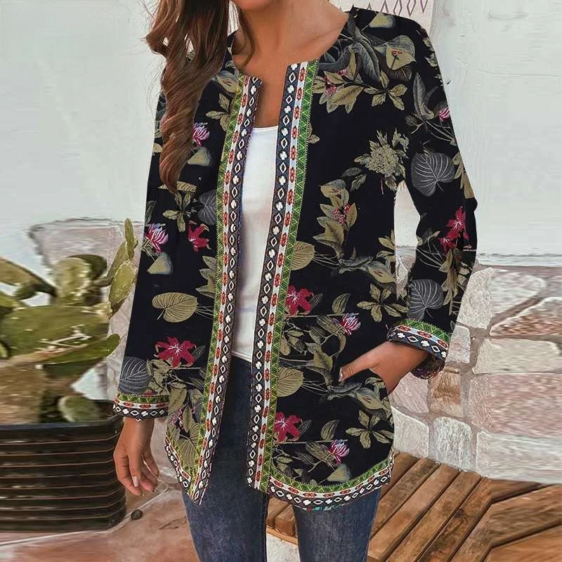 Осенняя куртка в стиле ретро с цветочным принтом Женская облегающая