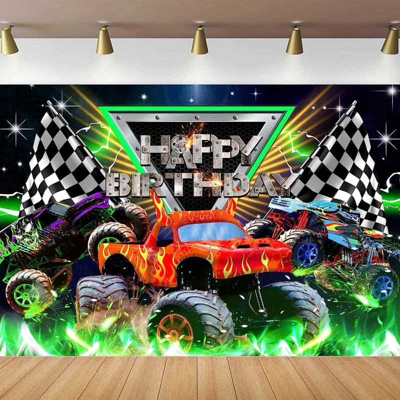 

Truck Themed Photography Backdrop Monster Happy Birthday Party Jam Burning Flame Car Grave Digger Boys Kids Background Decor