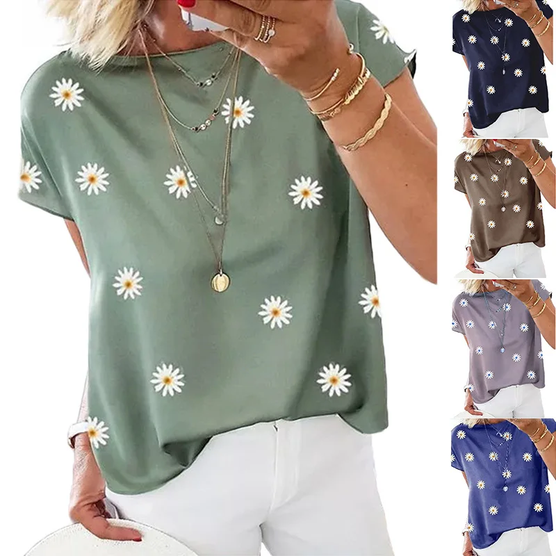 

2022 summer European beauty new T-shirt daisy print loose casual top women