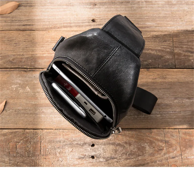 Retro fashion designer natural genuine leather men black chest bag outdoor sports lightweight first layer cowhide motorcycle bag