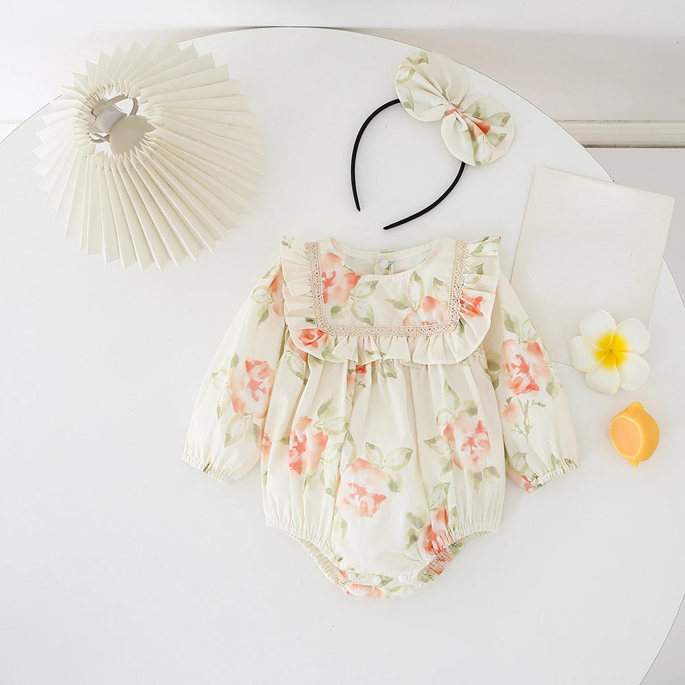 RiniKinda 2022 Autumn Toddler Baby Girls Rompers Girls Floral Full Sleeve Bodysuits Dress Newborn Baby Girl Clothes Outfits