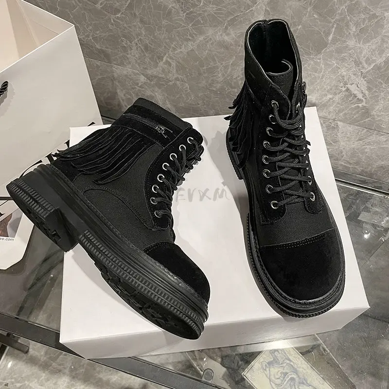 2023 Faux Suede Boots Platform Chunky Ankle Boots Women Autumn Winter Thick Heels Botas Woman Lace Up Casual Motorcycle Shoes