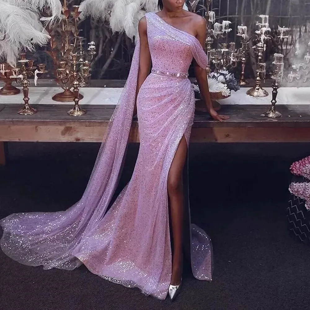 

Sparkling Evening Dresses Mermaid Long vestidos de fiesta One Shoulder Sequin Sexy Split Dubai Arabic Pink Formal Prom Dress
