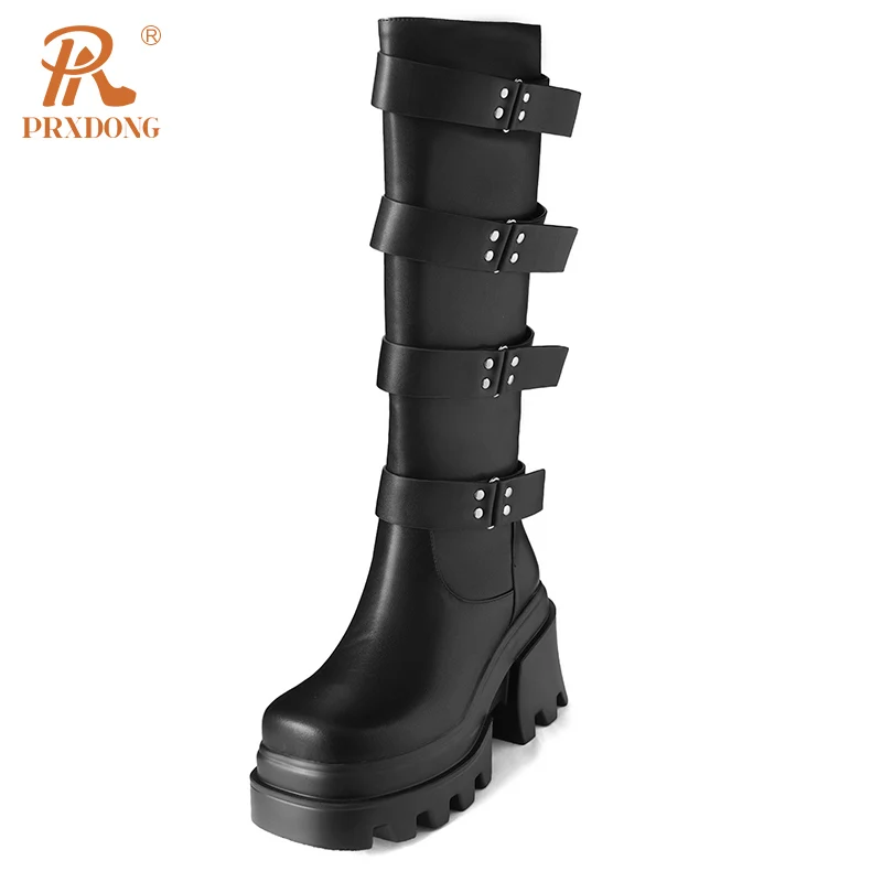 

PRXDONG Brand 2023 New Fashion Buckle Qulaity Leather Chunky High Heels Platform Autumn WInter Warm Knee High Boots Lady Shoes