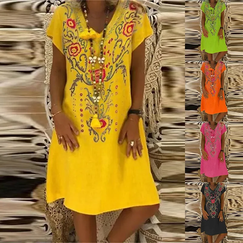 

2022 Summer Fashion Ladies Abstract Print Dress V Neck Short Sleeve Elegant Fashion Women Dress Plus-Size 3XL