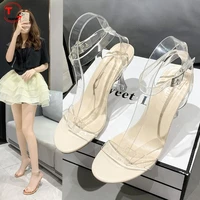 2022 summer new one word strap transparent high heeled sandals womens open toed fairy wind all match stiletto crystal shoes