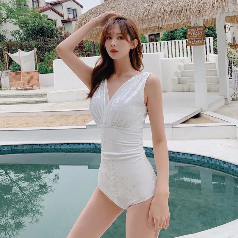 

Summer Slim Conservative Swimsuit Women V-Neck Sleeveless Backless Sweet Swimwears White Black Swimming Pool Party Spa Beachwear