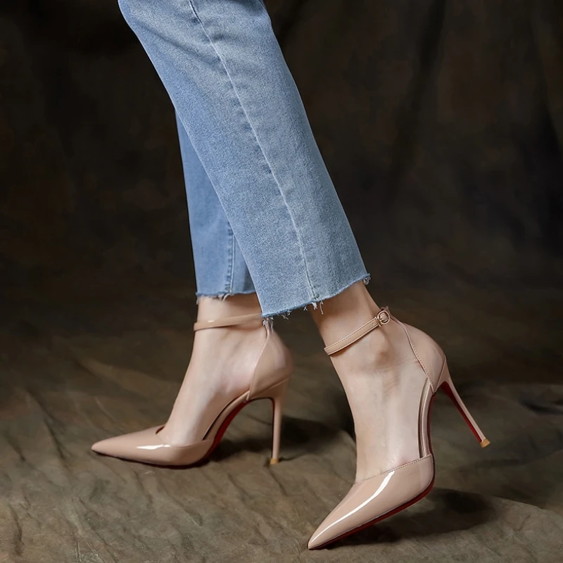 2023 High end New Spring and Autumn Straight Buckle High Heel Women's Thin Heel Sexy Pointed Shallow Cut Open Toe Sandals