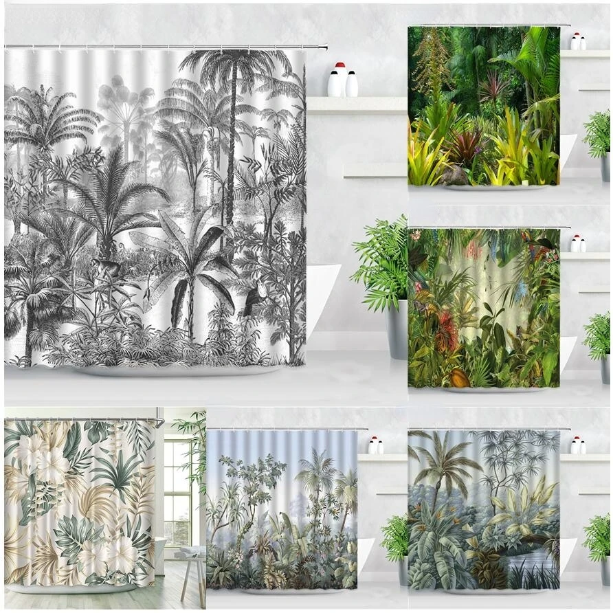 

Jungle Plants Shower Curtain Monkey Palm Trees Leopard Flamingo Parrot Green Leaves Scenery Bathroom Home Decor Curtains Bano