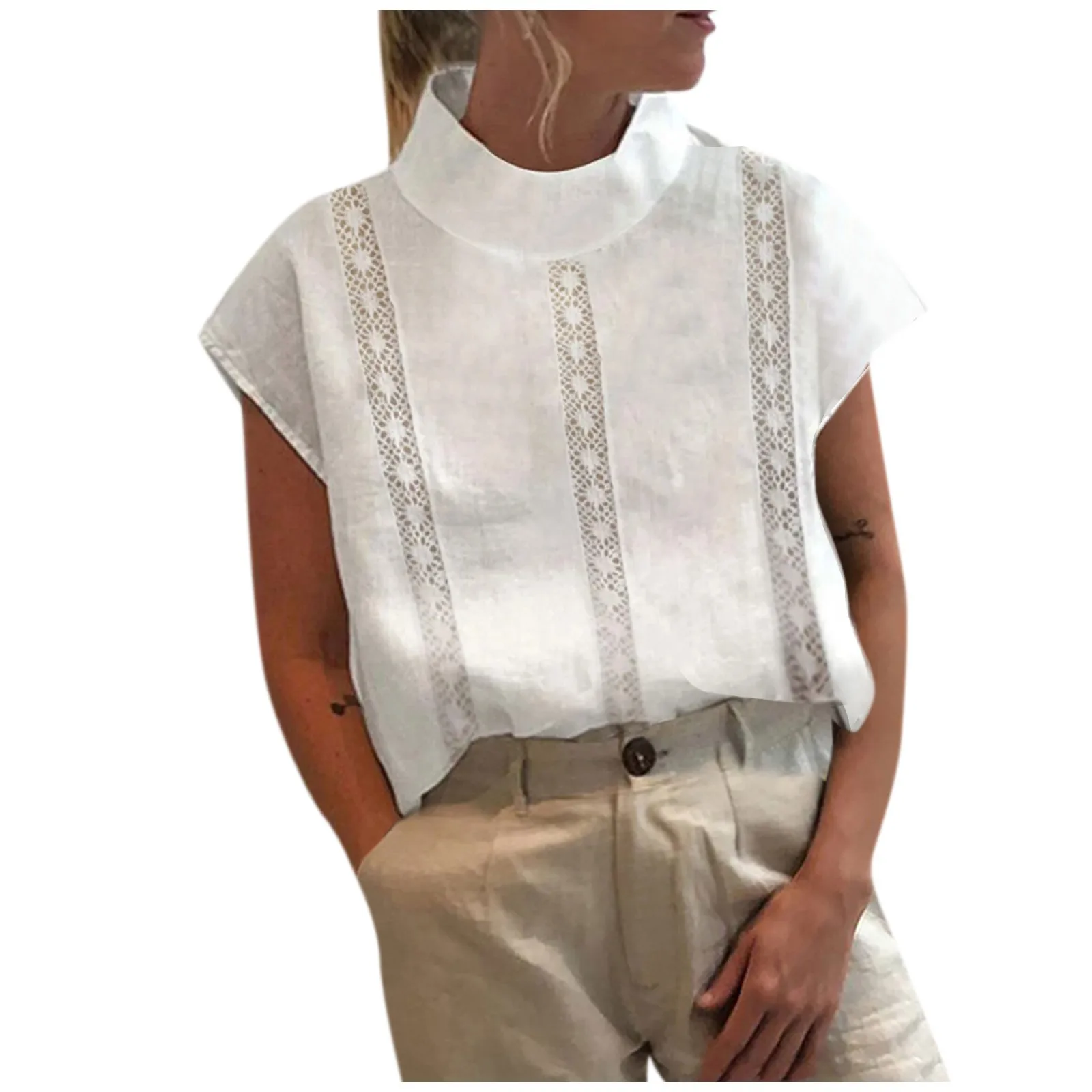 

Women'S Fashion Cotton Hemp Lace Lace Hollowed Out Stitching Casual Pullover Crewneck Sleeveless Shirt T-Shirt Top Top Women