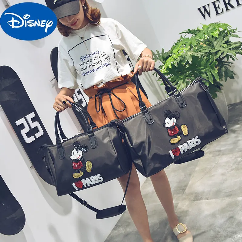 Disney New Waterproof Nylon Luggage Bag Fashion Sequin Mickey Travel Bag One Shoulder Diagonal Portable Bag for Men and Women